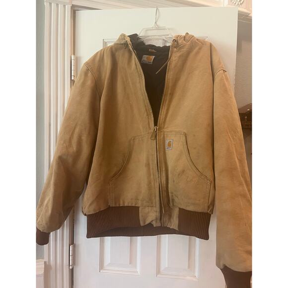 Carhartt J140 BRN Men Medium Brown Hood Canvas Jacket Western Barn Stains Cowboy - Picture 1 of 16